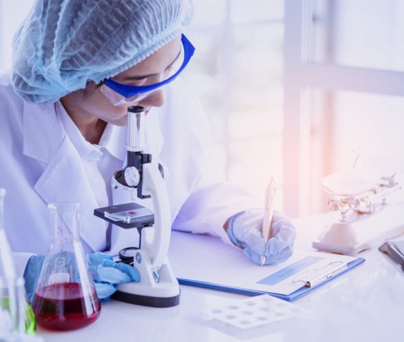 Female scientist look at microscope, science test tube analyse scientific sample in laboratory research experiment biotech make cultivate vaccine against virus. Chemistry science laboratory concept